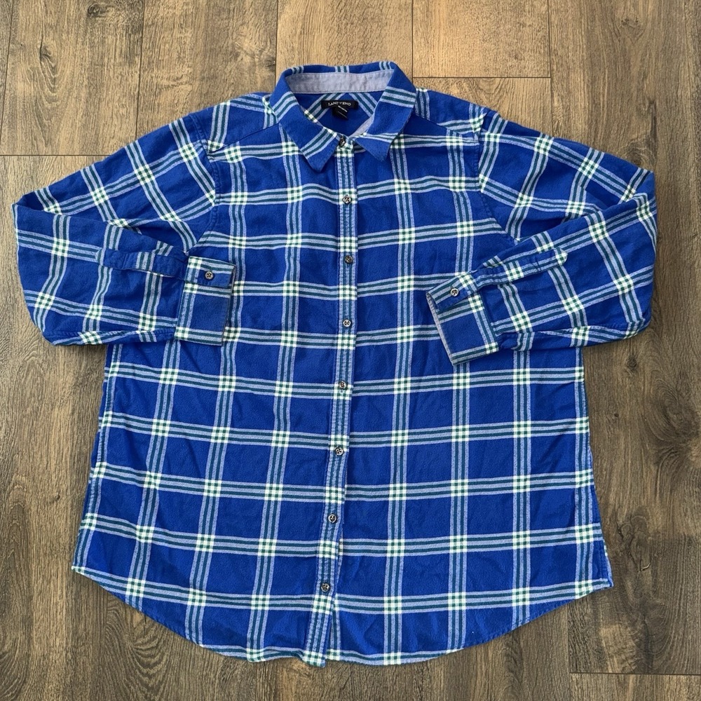 Lands End Womens Flannel Button Shirt Long Sleeve Plus 1X Blue Green Plaid